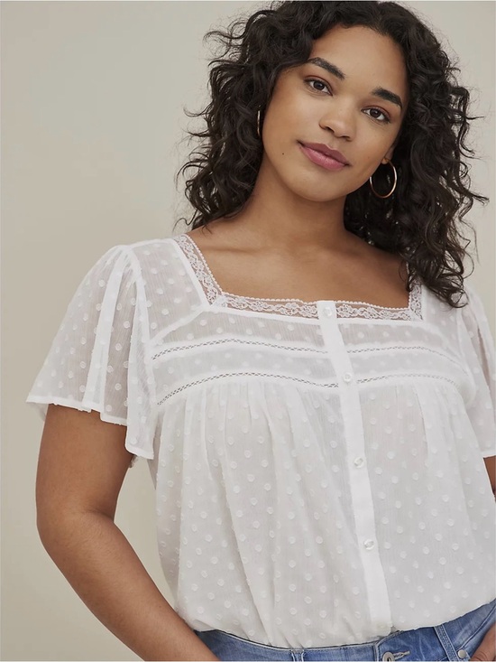torrid Tops - torrid White Swiss Dot Lace-Trim Button Front Top